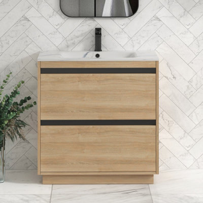 Royal Bathrooms Orion 800mm Natural Oak 2 Drawer Floor Standing Bathroom Vanity Unit With Carrara White Basin & Black Accent Trim - image 1