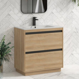 Royal Bathrooms Orion 800mm Natural Oak 2 Drawer Floor Standing Bathroom Vanity Unit With Carrara White Basin & Black Accent Trim - thumbnail 6