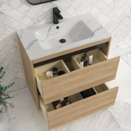 Royal Bathrooms Orion 800mm Natural Oak 2 Drawer Floor Standing Bathroom Vanity Unit With Carrara White Basin & Black Accent Trim - thumbnail 4