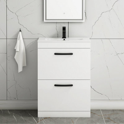 Royal Bathrooms Turin Gloss White 600mm Floor Standing Vanity Unit 2 Drawer With Minimalist Basin Sink & Matt Black Handles - image 1