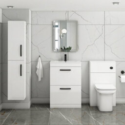 Royal Bathrooms Turin Gloss White 600mm Floor Standing Vanity Unit 2 Drawer With Minimalist Basin Sink & Matt Black Handles - thumbnail 4