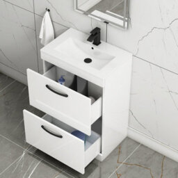 Royal Bathrooms Turin Gloss White 600mm Floor Standing Vanity Unit 2 Drawer With Minimalist Basin Sink & Matt Black Handles - thumbnail 5