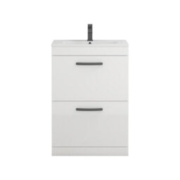 Royal Bathrooms Turin Gloss White 600mm Floor Standing Vanity Unit 2 Drawer With Minimalist Basin Sink & Matt Black Handles - thumbnail 6