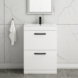 Royal Bathrooms Turin Gloss White 600mm Floor Standing Vanity Unit 2 Drawer With Minimalist Basin Sink & Matt Black Handles