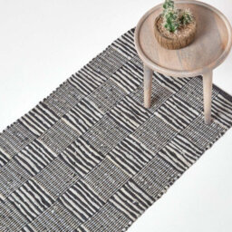 Homescapes Black & White Real Leather Handwoven Striped Block Check Rug, 66 X 200 Cm - thumbnail 1