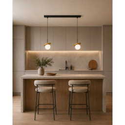 Luminosa Lighting Luminosa Aura Bar Pendant Ceiling Light Black, Gold White Glass Shade 2X E27 - thumbnail 2