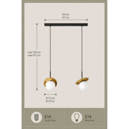 Luminosa Lighting Luminosa Aura Bar Pendant Ceiling Light Black, Gold White Glass Shade 2X E27 - thumbnail 4