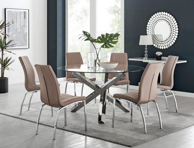 Furniturebox Uk Vogue Large Round Chrome Metal Clear Glass Dining Table And 6 Cappuccino Beige Isco Dining Chairs Set - image 1