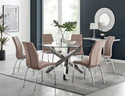 Furniturebox Uk Vogue Large Round Chrome Metal Clear Glass Dining Table And 6 Cappuccino Beige Isco Dining Chairs Set - thumbnail 1