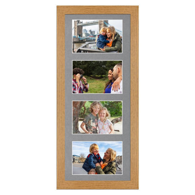 AK Frames 50X20Cm Oak Modern Multi Photo Frame With Mid Grey Mount - Holds 4 Apertures (4X) 6X4 Photos - image 1