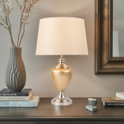 Lighting Supermarket Hepburn Large Ceramic Table Lamp Beige Shade Champagne Gold Silver Finish 58Cm