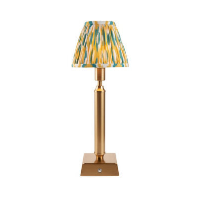 Luminosa Lighting Luminosa Trobridge Rechargeable Brushed Aged Brass Plate With Yellow Table Lamp With Jade Fabric Ikat Shade 16Cm Integrated Led - image 1