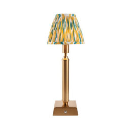 Luminosa Lighting Luminosa Trobridge Rechargeable Brushed Aged Brass Plate With Yellow Table Lamp With Jade Fabric Ikat Shade 16Cm Integrated Led