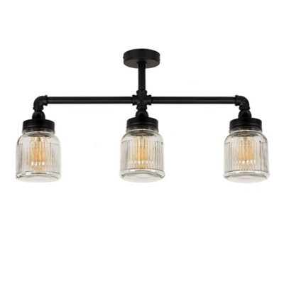 Valuelights Luiggi Industrial Black 3 Way Bar Ceiling Light With Clear Ribbed Glass Shades - image 1