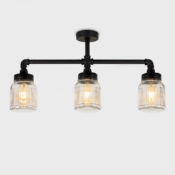Valuelights Luiggi Industrial Black 3 Way Bar Ceiling Light With Clear Ribbed Glass Shades - thumbnail 2