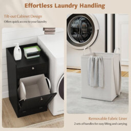Gainoom Black Tilt-Out Laundry Cabinet Bathroom Storage Cabinet With Drawer & Removable Hamper - thumbnail 7