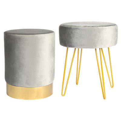 Harbour Housewares 2 Piece Velvet Footstools Set - Grey - Round Luxe Living Room Bedroom Dressing Table Accent Pouffe - image 1