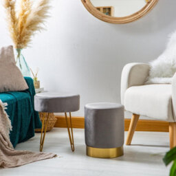 Harbour Housewares 2 Piece Velvet Footstools Set - Grey - Round Luxe Living Room Bedroom Dressing Table Accent Pouffe - thumbnail 5