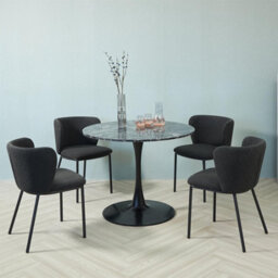 Set Of 4 Dark Grey/ Black Boucle Dining Chairs - Bull Head Back - Black Metal Legs - thumbnail 1