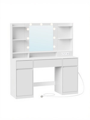 LEDREM Kailyn Collection - Dressing Table With Led Mirror, Vanity Desk With Power Outlets, 2 Cabinets, 9 Dimmable Bulbs, 3 Light Colours - image 1