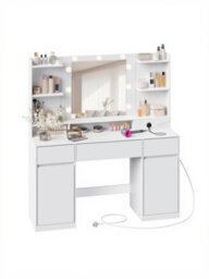 LEDREM Kailyn Collection - Dressing Table With Led Mirror, Vanity Desk With Power Outlets, 2 Cabinets, 9 Dimmable Bulbs, 3 Light Colours - thumbnail 4