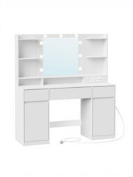 LEDREM Kailyn Collection - Dressing Table With Led Mirror, Vanity Desk With Power Outlets, 2 Cabinets, 9 Dimmable Bulbs, 3 Light Colours