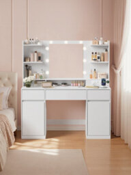 LEDREM Kailyn Collection - Dressing Table With Led Mirror, Vanity Desk With Power Outlets, 2 Cabinets, 9 Dimmable Bulbs, 3 Light Colours - thumbnail 5