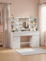 LEDREM Kailyn Collection - Dressing Table With Led Mirror, Vanity Desk With Power Outlets, 2 Cabinets, 9 Dimmable Bulbs, 3 Light Colours - thumbnail 6