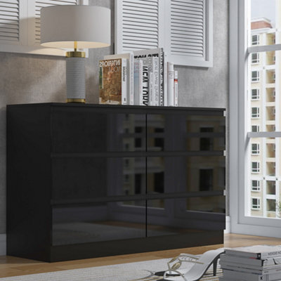 Fwstyle Stora Black Gloss 6 Drawer Chest (H) 77Cm (W) 110Cm (D) 40Cm - Extra Deep 14Cm Drawers - image 1