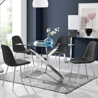 Furniturebox Uk Leonardo Glass And Chrome Metal Dining Table And 4 Black Corona Silver Chairs Set - image 1
