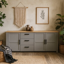 Wyld Haus Bramblecroft Large Grey And Natural Oak Sideboard 3 Door 3 Drawer - thumbnail 1
