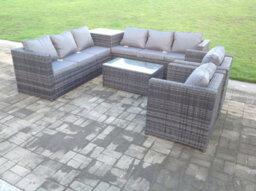 Fimous 8 Seater Pe Wicker Outdoor Rattan Garden Furniture Sets Lounge Chair 2 Coffee Table - thumbnail 3