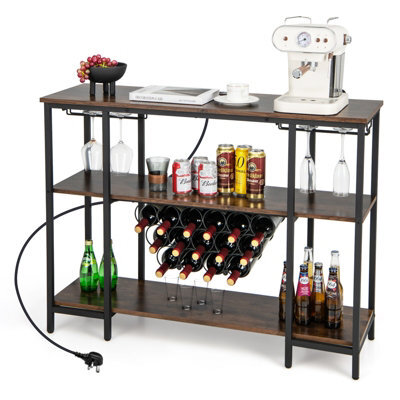 Costway 3-Tier Wine Bar Cabinet Industrial Wine Rack With Storage Shelves Glass Holder - image 1