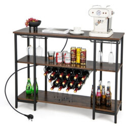 Costway 3-Tier Wine Bar Cabinet Industrial Wine Rack With Storage Shelves Glass Holder