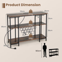 Costway 3-Tier Wine Bar Cabinet Industrial Wine Rack With Storage Shelves Glass Holder - thumbnail 2