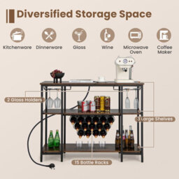 Costway 3-Tier Wine Bar Cabinet Industrial Wine Rack With Storage Shelves Glass Holder - thumbnail 6