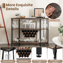 Costway 3-Tier Wine Bar Cabinet Industrial Wine Rack With Storage Shelves Glass Holder - thumbnail 8