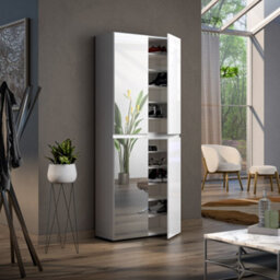 FurniComp LTD Vida 4 Door 90Cm White Gloss Tall Mirrored Slim Shoe Storage Cabinet Cupboard - thumbnail 1