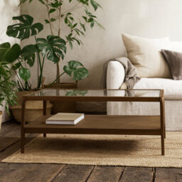 Wyld Haus Denver Walnut Wood And Glass Top Coffee Table With Bottom Shelf