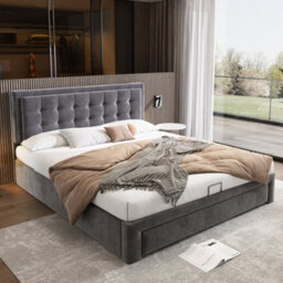 Abrihome Velvet Upholstered Double Bed With Storage, Headboard & Slats, 135X190Cm, Grey - No Mattress - thumbnail 9