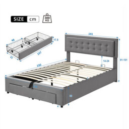 Abrihome Velvet Upholstered Double Bed With Storage, Headboard & Slats, 135X190Cm, Grey - No Mattress - thumbnail 7
