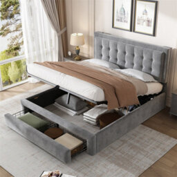 Abrihome Velvet Upholstered Double Bed With Storage, Headboard & Slats, 135X190Cm, Grey - No Mattress