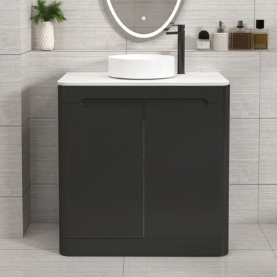 Royal Bathrooms Venice 800mm Matt Nocturne Black Freestanding Vanity Unit 2 Door Carrara White Undrilled Worktop & Without Basin - image 1