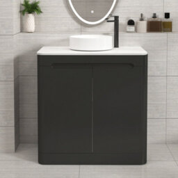 Royal Bathrooms Venice 800mm Matt Nocturne Black Freestanding Vanity Unit 2 Door Carrara White Undrilled Worktop & Without Basin - thumbnail 1