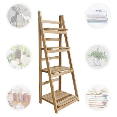 4Tier Folding Ladder Shelf Storage Shelving Wooden Bookcase Plant Display Ladder - image 1