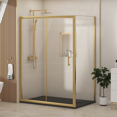 Royal Bathrooms Venice 1000 X 800mm Brushed Brass Sliding Door Shower Enclosure With Black Stone Shower Tray & Side Panel 6mm Tempered Glass - image 1