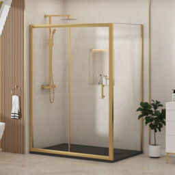 Royal Bathrooms Venice 1000 X 800mm Brushed Brass Sliding Door Shower Enclosure With Black Stone Shower Tray & Side Panel 6mm Tempered Glass - thumbnail 1