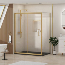 Royal Bathrooms Venice 1000 X 800mm Brushed Brass Sliding Door Shower Enclosure With Black Stone Shower Tray & Side Panel 6mm Tempered Glass - thumbnail 3