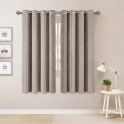 Oxford Homeware Eyelet Beige Linen Effect Curtains Fully Lined 100% Blackout Thermal Insulated Curtain Pair (W)117Cmx(L)137Cm - thumbnail 1