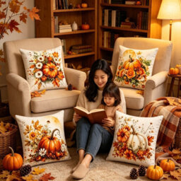 Amorly 4 Pack 45X45Cm Harvest Pillow Covers, 2D Printed Pumpkin & Autumn Floral Art, Cushion Cases, No Inserts, Sofa Indoor Decor - thumbnail 7